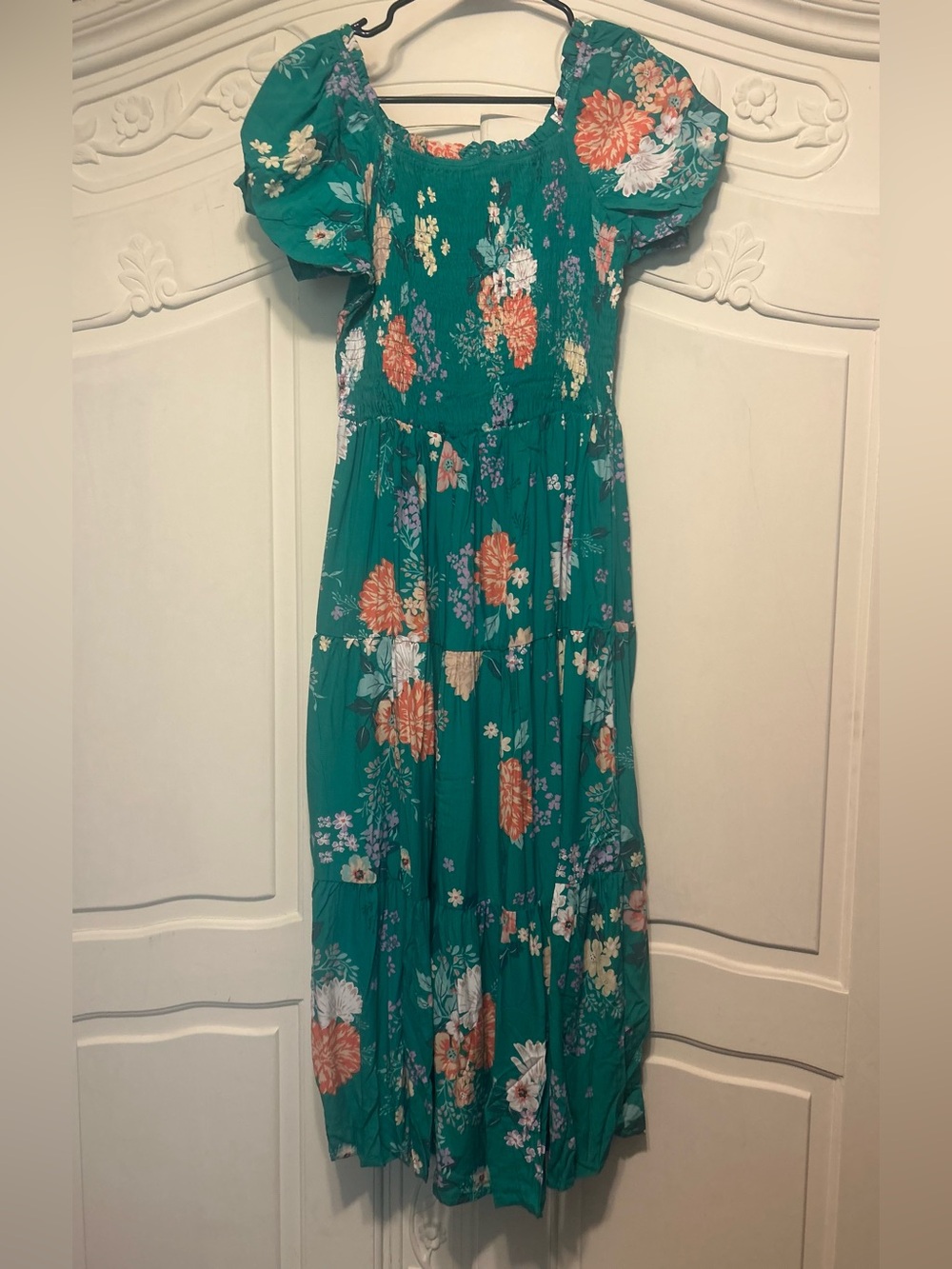 NWOT Teal Floral Puff-Sleeve Maxi Dress - Picture 2 of 3